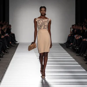 Jamal Taslaq, abito corto beige con corpetto in pizzo, in passerella